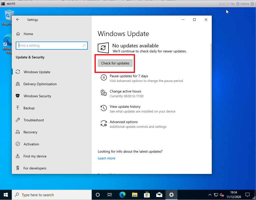 Running Windows updates on Windows 10 - click check for updates