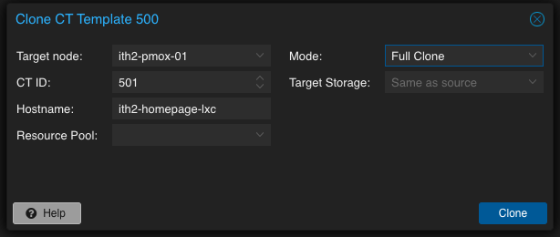 Create a new Proxmox LXC Container from a container template