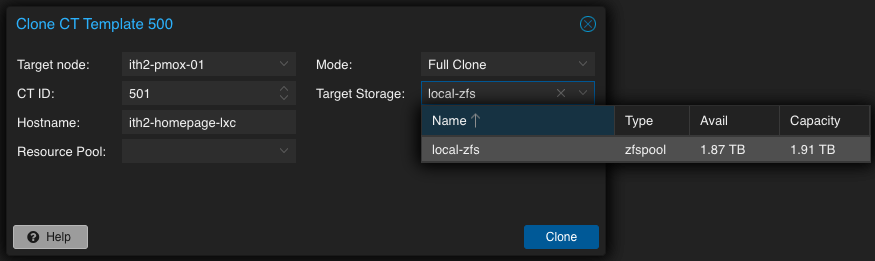 Create a new Proxmox LXC Container from a container template