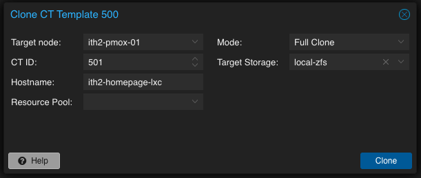 Create a new Proxmox LXC Container from a container template